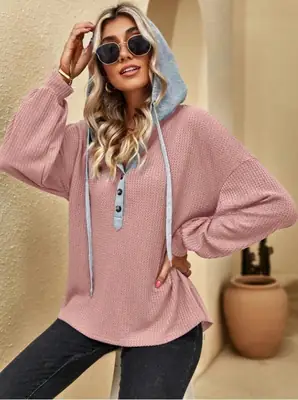 Women's Pink Hooded Sweatshirt Long Sleeve Button Down