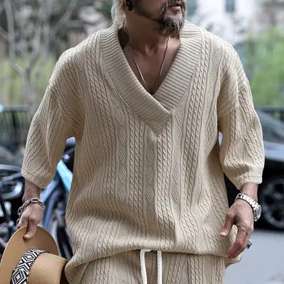 2025 Men Knitted V-Neck T-Shirt Large