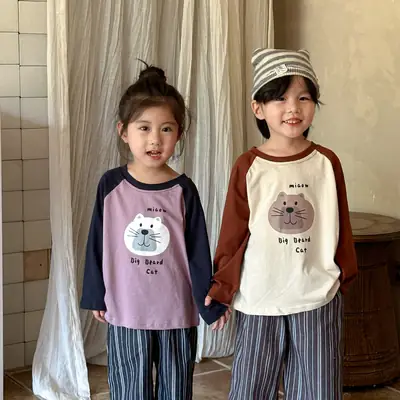 Children Long Sleeve T-Shirt Cartoon Mouse Brown Cream