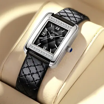 Kaidu Vintage Square Diamond Watch Women Black Leather