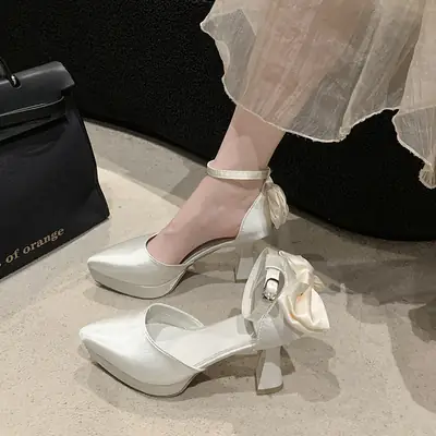 Black Pointed Toe High Heel Sandals with Bow Strap