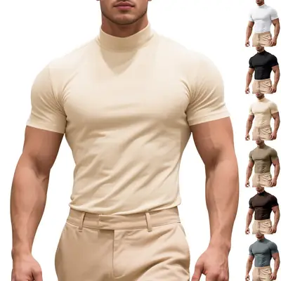 Men's Black Tight High Collar T-Shirt Short Sleeve 2025