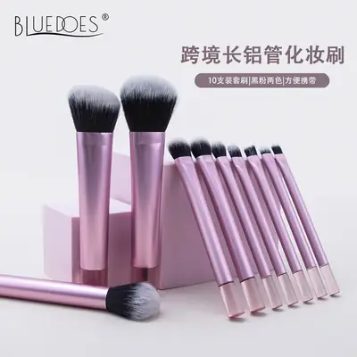 Cross-border 10-Piece Pink Makeup Brush Set with Aluminized Handle