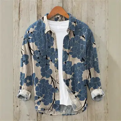Hawaiian Floral Long Sleeve Shirt Blue Beige