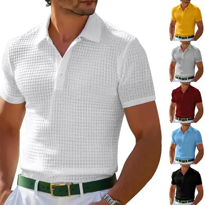 Men Waffle Knit Polo Shirt Gray Collar Button Down