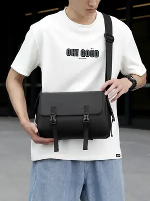Black PU Crossbody Bag for Business Men Large Capacity