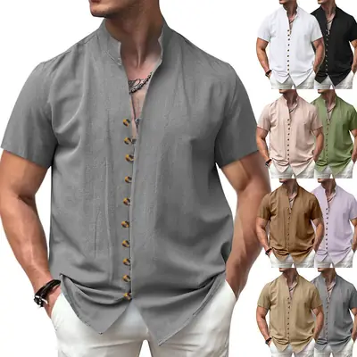Men's 2025 Summer T-Shirt Brown Button Collar Short Sleeve