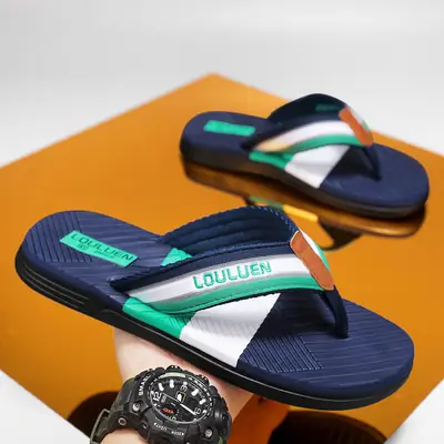 Men Green Striped Flip Flops Summer Wear