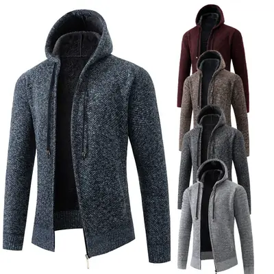 Men Fleece Hooded Zipper Coat Brown Winter Warm