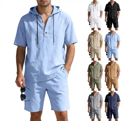 Men Grey Short Sleeve Hoodie Shorts Set Summer