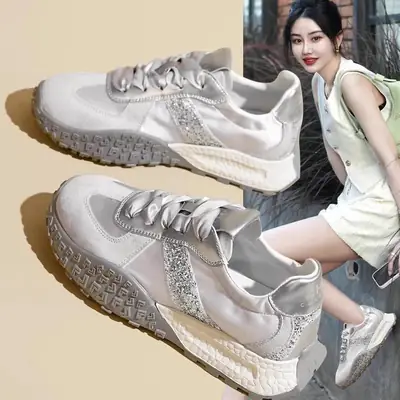 Women Silver Casual Sneakers with Thick Sole 2024