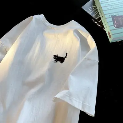 100% Pure Cotton American Style Loose White T-shirt Women Commuter Loose Casual Short-sleeved Ins All-match Sport Couple Top