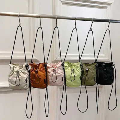 Women's Drawstring Phone Bag Beige Nylon Lightweight