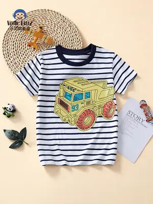 2025 Kids Striped T-Shirt Boys Round Neck Half Sleeve European American Cartoon Print
