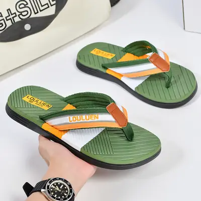 Men's Green Orange Beach Flip Flops Non-Slip Summer