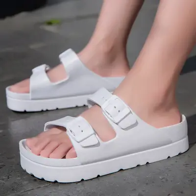 Women's Thick-Soled Slippers, Birkenstock-Style Double-Strap Height-Increasing Buckle Sandals, High-Heeled Casual Versatile Height-Increasing and Slimming Slippers