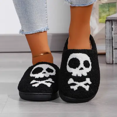 Black Skeleton Halloween Slip-On Warm Winter Slippers