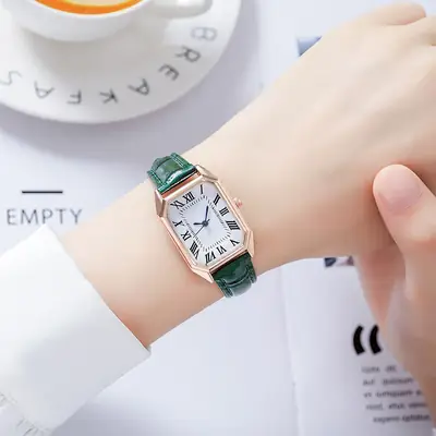 Women's Square Watch Green Leather Strap Luxury Watch