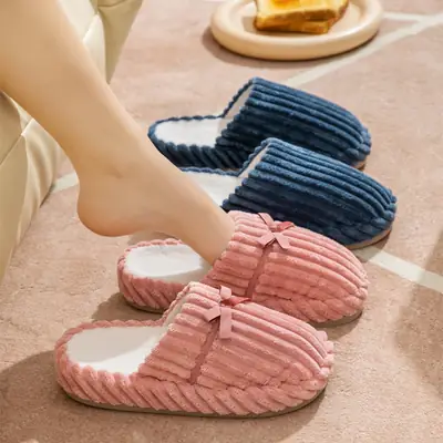 Winter Corduroy Fleece Slippers for Women Blue