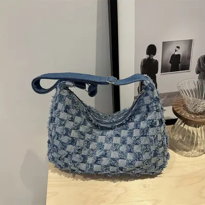 Blue Checkered Floral Shoulder Bag for Women 2024