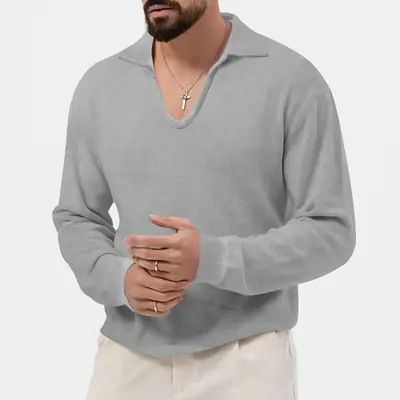 Men's Waffle Knit Lapel T-Shirt Cream Long Sleeve