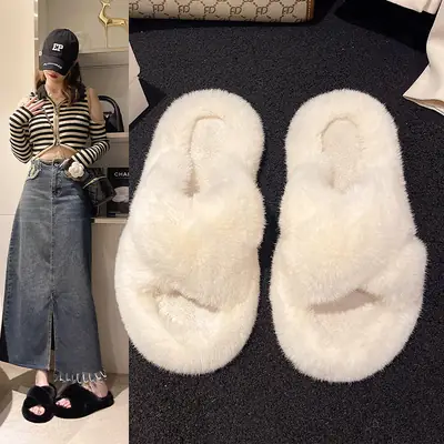 New Autumn and Winter Furry Slippers for Women, Casual Fashion Cotton Slippers, Warm Outer Wear, Thick-soled Platform Cotton Slippers, Home Shoes