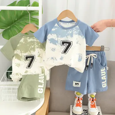 Children Cotton Printed T-Shirt Shorts Set Blue Green Summer