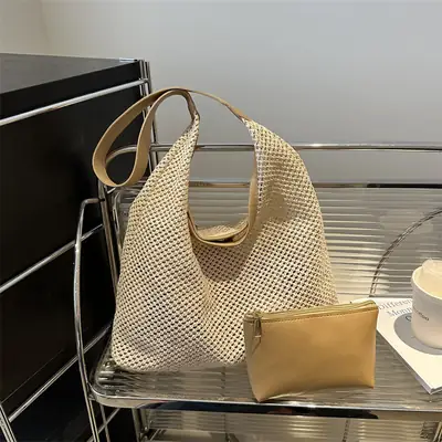 Beige Woven Straw Shoulder Bag 2024