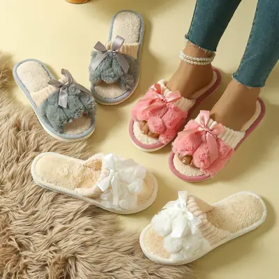 EVA Foreign Trade Home Slippers Flat Slippers Women's Outer Wear Bow Cotton Slippers Outer Wear Trendy Non-Slip Slippers