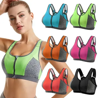 Front Zipper Yoga Vest Sports Bra Blue Grey
