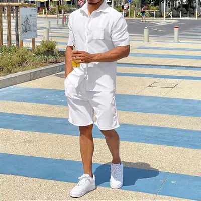 Men Grey Short Sleeve Shorts Suit Summer Wear