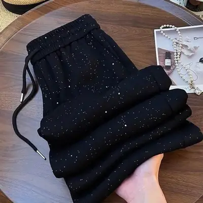Women Black Sparkly High Waist Trousers Set