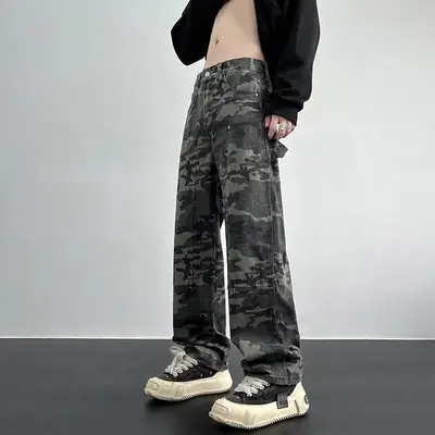 Men Camouflage Loose Straight Overalls Casual Pants