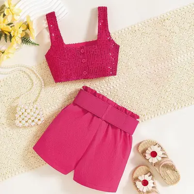 Children's Sequin Shorts Set Pink Bright