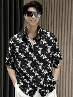 Men Black Star Print Zipper Shirt Short Sleeve