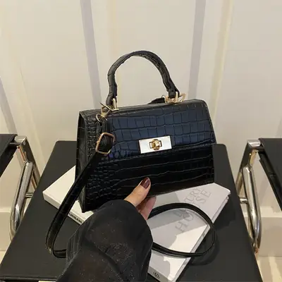 Black Croc Leather Shoulder Bag for Women 2024