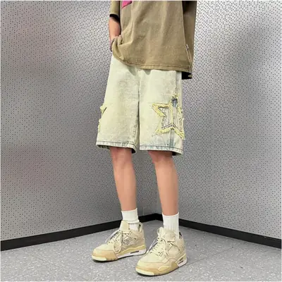 Men Yellow Mud Denim Shorts Summer Loose Fit