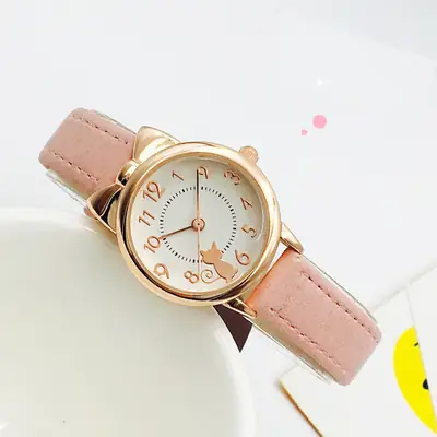 Girls Pink Leather Watch Korean Style Electronic Quartz