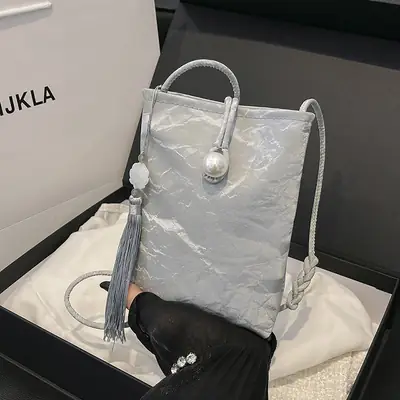Silver Pearl Tassel Crossbody Bag for Women