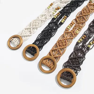 Bohemian Belt with Wooden Buckle & Black Beads