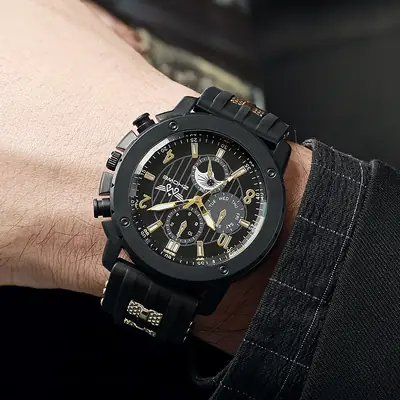 Men's Black Silicone Watch with Gold Dial & Quartz Movement