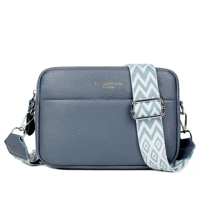 Women's Blue Crossbody Bag with Wide Ribbon Strap