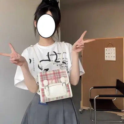 Women's Cute Plaid Backpack White Peach Bowknot School Bag