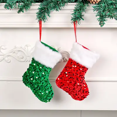 Red Sequins Christmas Stocking with White Fur Edge
