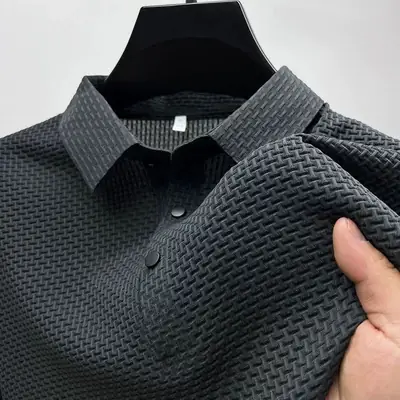 Men's Bamboo Jacquard Polo Shirt Black Short Sleeve