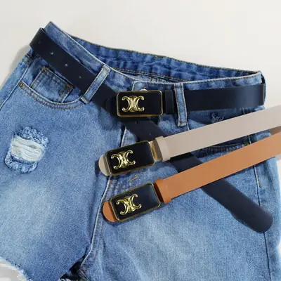 Women's Black Letter C Buckle Belt Beige Leather