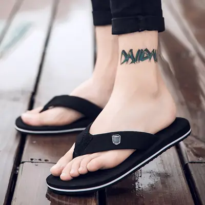 Men Black Flat Sandals with Tattoo Design