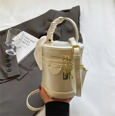 Silver Metallic Shoulder Bag with Gold Clasp & Detachable Strap