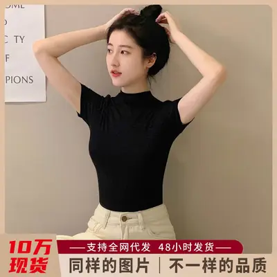 Modal Black Half-High Neck Short-Sleeved T-Shirt Women's Spring and Summer 2024 Ice Silk Mid-Neck Top Tight Half-Sleeve Base Shirt