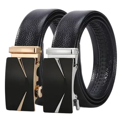Men's Black Leather Belt with Automatic Buckle & Litchi Grain